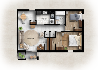 2/BR, 812 sq. ft.